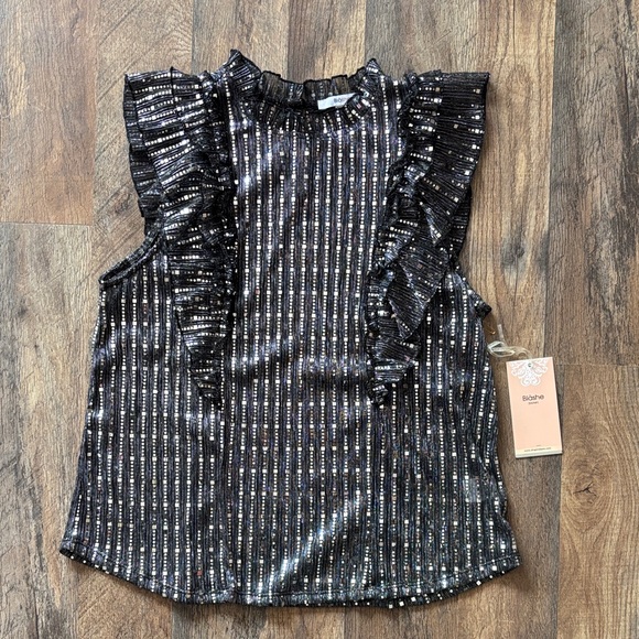 Blashe Tops - Blashe women's black and silver metallic striped flutter top size medium new